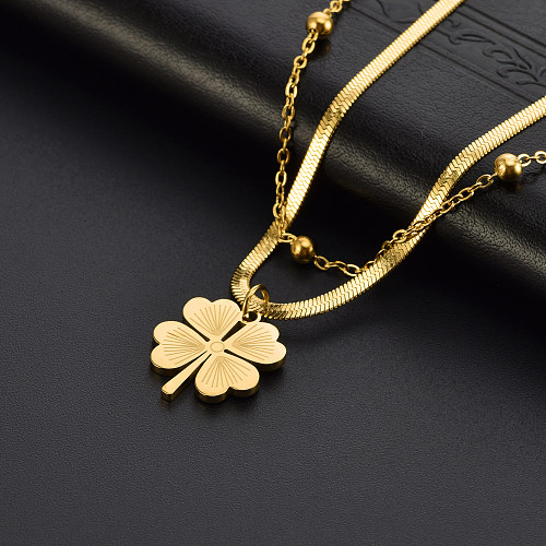 Casual Simple Style Four Leaf Clover Solid Color Stainless Steel Plating Layered Necklaces