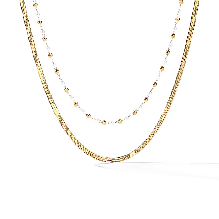 Simple Style Commute Solid Color Stainless Steel Beaded Plating 18K Gold Plated Layered Necklaces Pendant Necklace