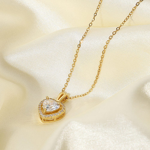 Requintado jóias de casamento feminino aço inoxidável ouro grande único cristal brilhante coração pingente colar de noivado para mulher
