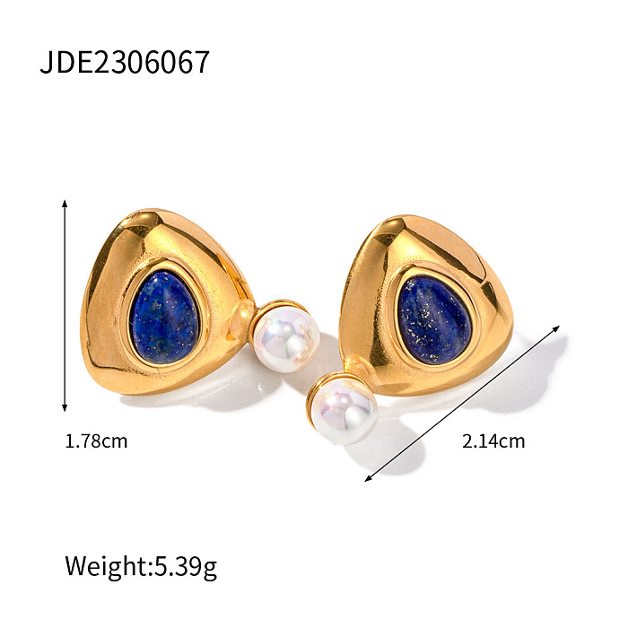 1 paire de clous d'oreilles plaqués or 18 carats, incrustation triangulaire élégante et décontractée, perles artificielles en acier inoxydable, Lapis Lazuli