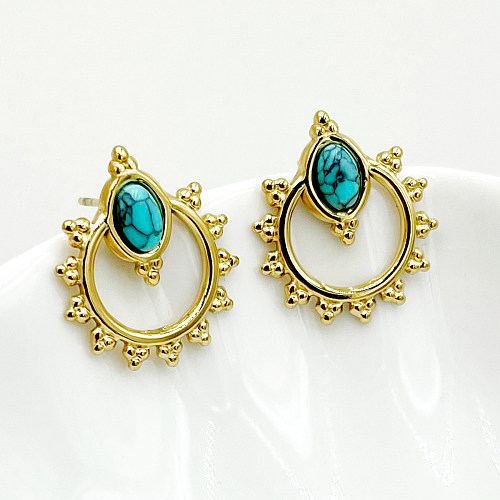 1 Pair Ethnic Style Round Stainless Steel  Inlay Turquoise 14K Gold Plated Ear Studs