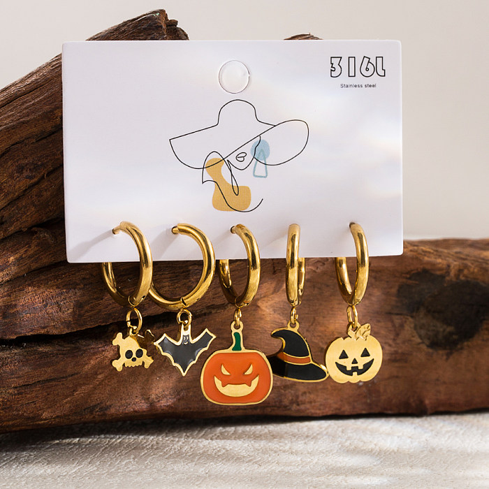 1 Set Gothic Funny Pumpkin Bat Enamel Plating Hollow Out Stainless Steel  14K Gold Plated Drop Earrings