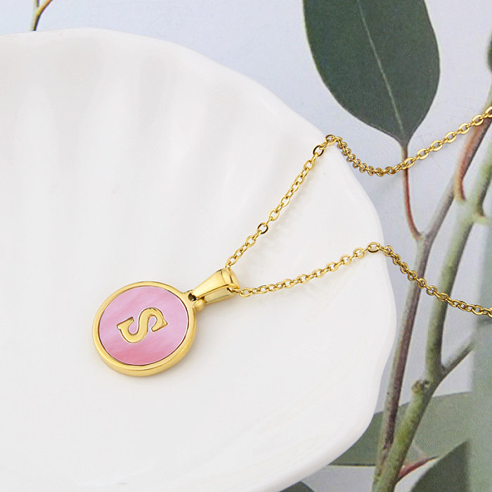 Collier en acier inoxydable avec pendentif en forme de coquille rose, bijou Simple, rond, 26 lettres, vente en gros