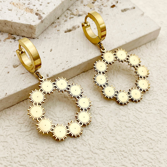 1 Pair Retro Roman Style Sun Plating Inlay Stainless Steel  Rhinestones Gold Plated Drop Earrings