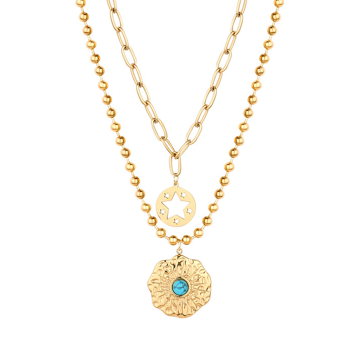 Retro Simple Style Sector Star Oval Stainless Steel  Toggle Plating Inlay Turquoise Gold Plated Necklace