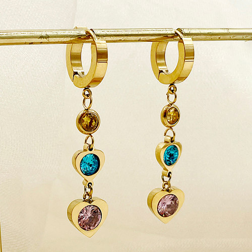 1 Paar lässige, elegante Vintage-Stil-Herzform-Beschichtungs-Inlay-Ohrringe aus Edelstahl mit Zirkon und vergoldet