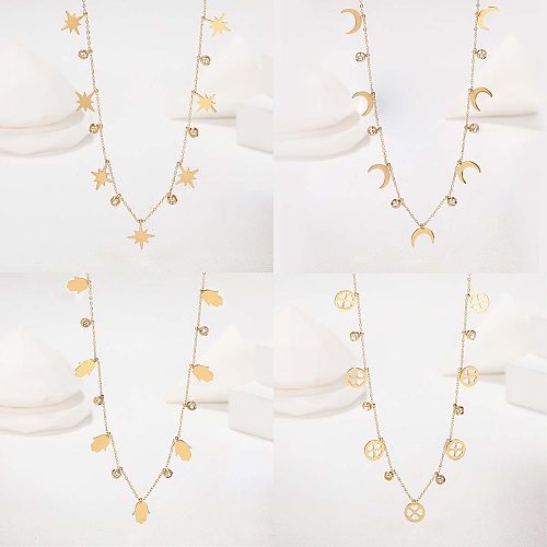 Wholesale Retro Four Leaf Clover Palm Moon Stainless Steel  18K Gold Plated Zircon Necklace