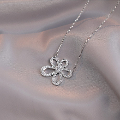 Classic Style Flower Stainless Steel Inlay Zircon Pendant Necklace