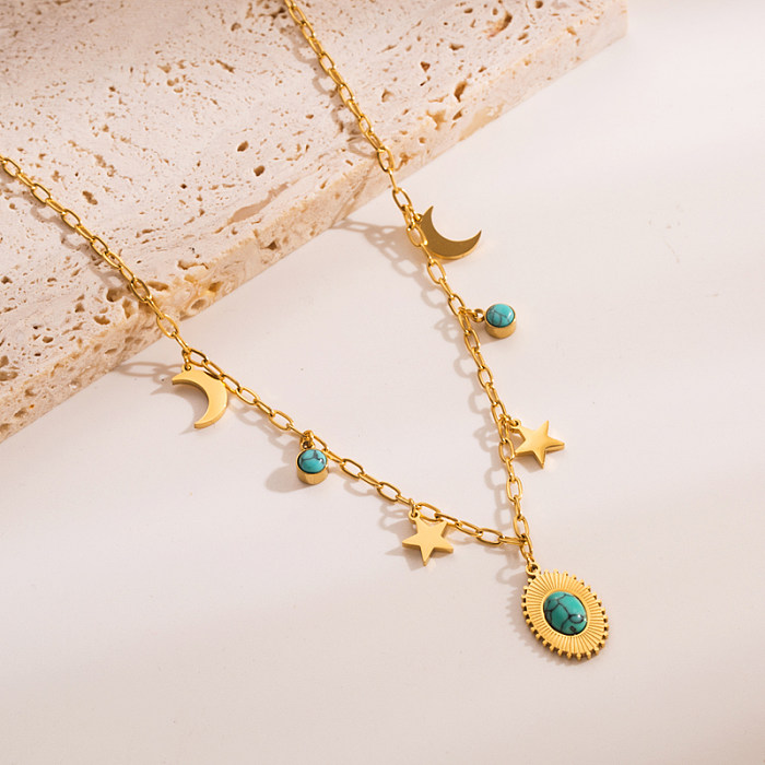 1 Piece Fashion Star Moon Stainless Steel  Stainless Steel Plating Turquoise Necklace