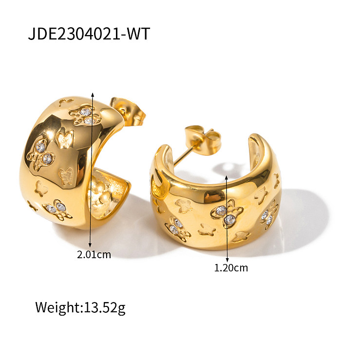 1 par de aretes chapados en oro de 18K con incrustaciones de mariposa en forma de C artístico de estilo moderno con diamantes de imitación de acero inoxidable