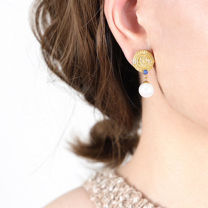 1 paire de boucles d'oreilles rondes élégantes de Style IG, incrustation de perles de verre en acier inoxydable, plaquées or 18 carats