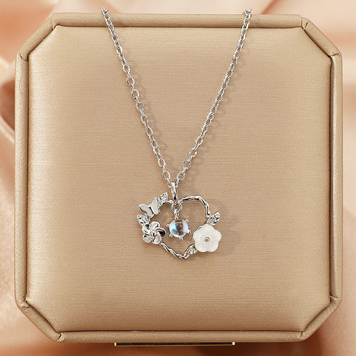 Lady Heart Shape Flower Stainless Steel Gold Plated Zircon Pendant Necklace In Bulk