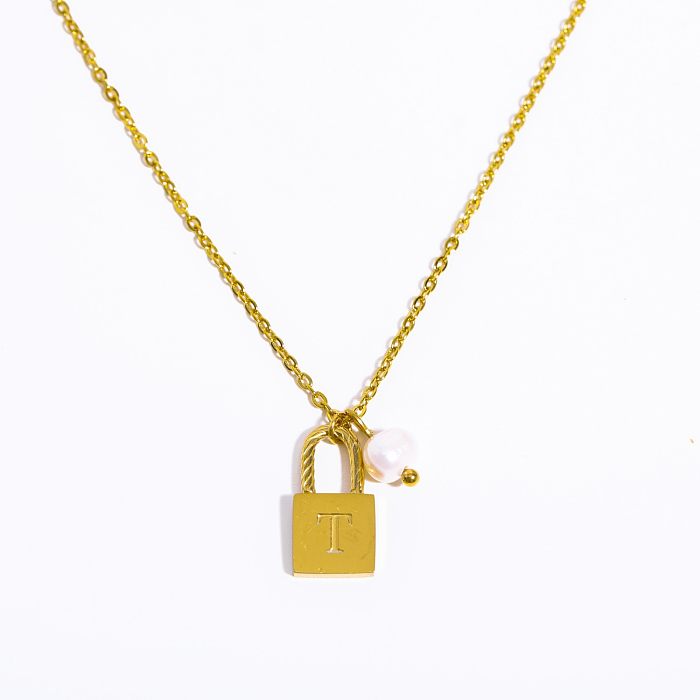 Colar com pingente banhado a ouro 18K, casual, estilo simples, com letras, aço inoxidável