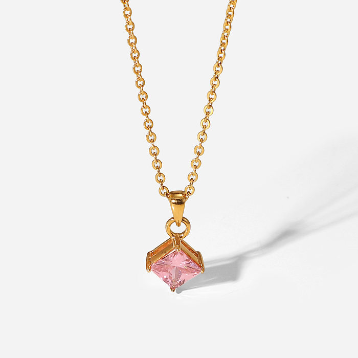 Moda geométrica banhada a ouro aço inoxidável rosa diamante zircão colar