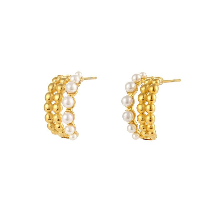 Damen-Ohrringe aus Edelstahl mit geometrischem Überzug, Perlen-Edelstahl-Ohrringe