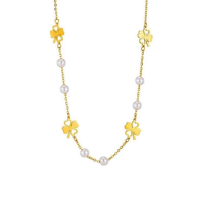 Elegante, schlichte Halskette mit vierblättrigem Kleeblatt und Stern-Schmetterling aus Edelstahl mit ausgehöhltem Inlay und künstlichen Perlen