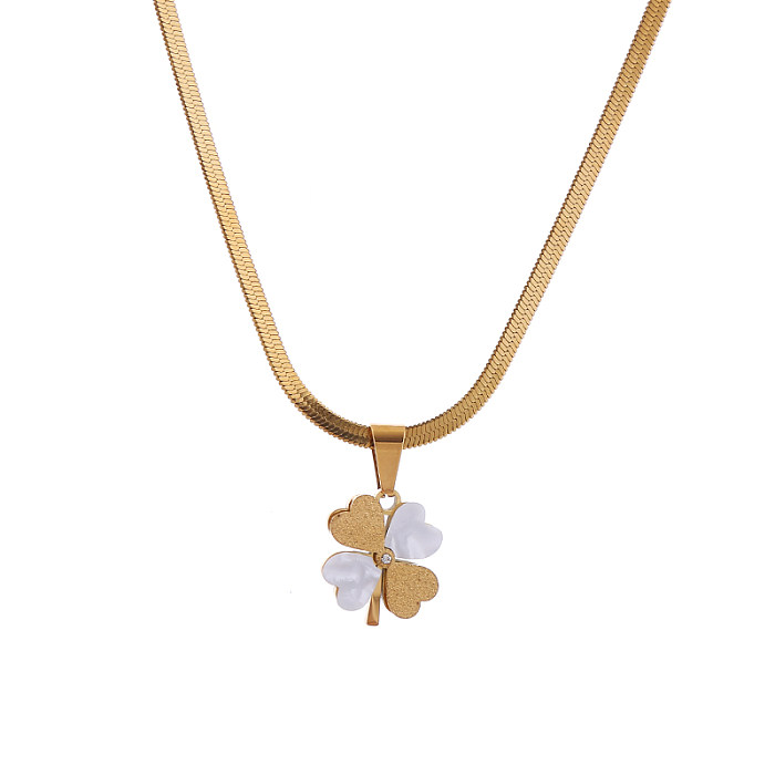 Simple Style Four Leaf Clover Round Stainless Steel Plating Inlay Zircon Gold Plated Pendant Necklace