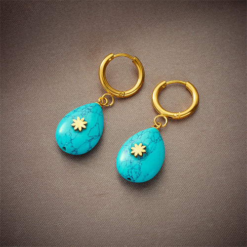 Boucles d'oreilles gouttelettes d'eau à la mode, incrustation en acier inoxydable, Turquoise, 1 paire