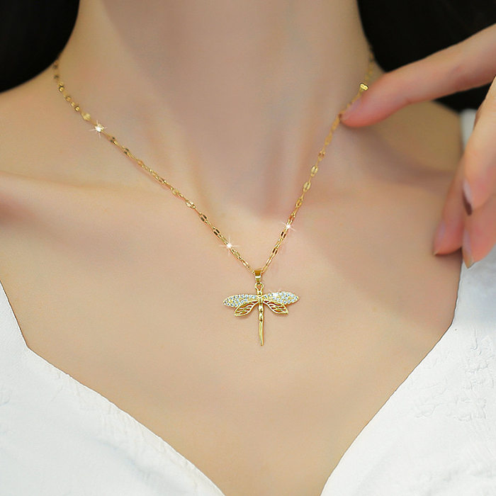 Classic Style Dragonfly Stainless Steel Inlay Artificial Gemstones Pendant Necklace