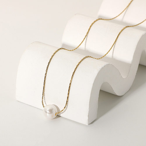 Simple 14K Stainless Steel  Single Pearl Pendant Necklace