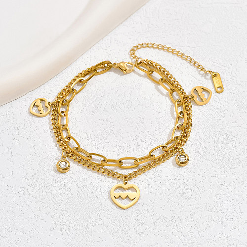 Wholesale Hip-Hop Simple Style Solid Color Heart Shape Stainless Steel Layered Plating Inlay 18K Gold Plated Rhinestones Bracelets