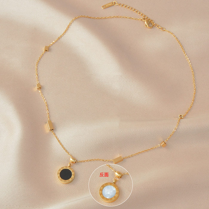 Süße schlichte Halskette mit rundem chinesischem Schriftzeichen und Blumen-Edelstahl-Inlay, Strasssteinen und Muschel-Anhänger