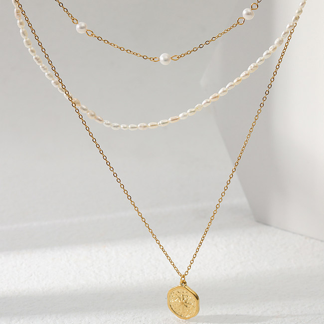Schlichter Stil, Schneeflocken-Edelstahl-Perlen, künstliche Perlen, mehrschichtige Halsketten, 1 Stück
