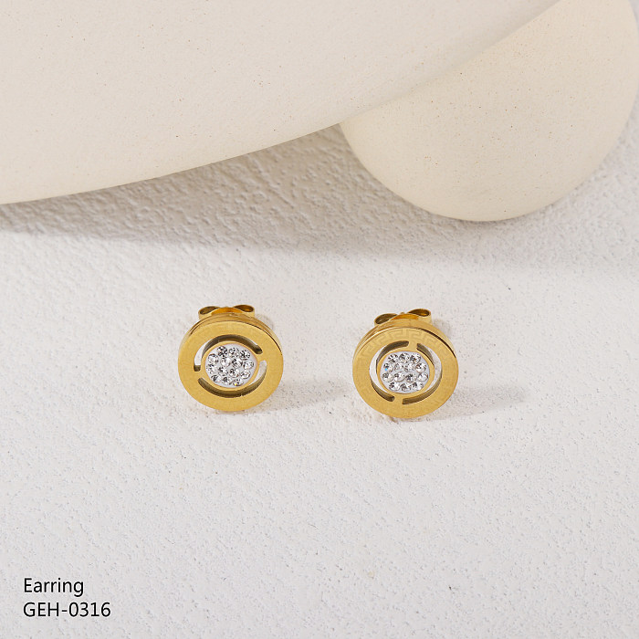 1 par de strass de aço inoxidável, estilo retrô simples, incrustação redonda, banhado a ouro rosa, brincos de orelha banhados a prata