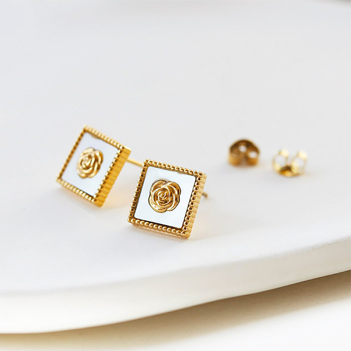 1 Pair Sweet Square Flower Plating Inlay Stainless Steel Shell 18K Gold Plated Ear Studs