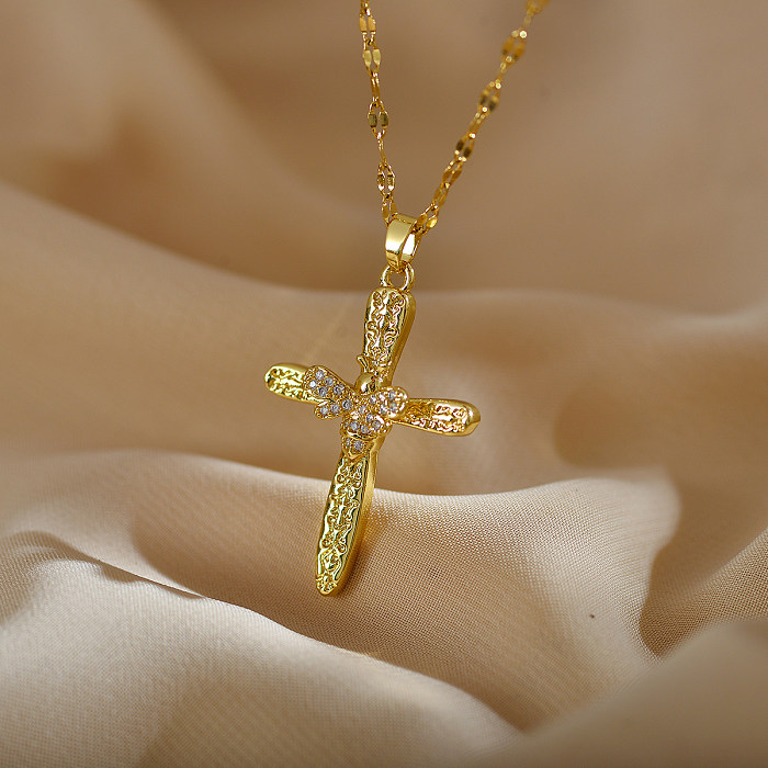 Simple Style Commute Cross Stainless Steel Copper Plating Inlay Zircon Pendant Necklace