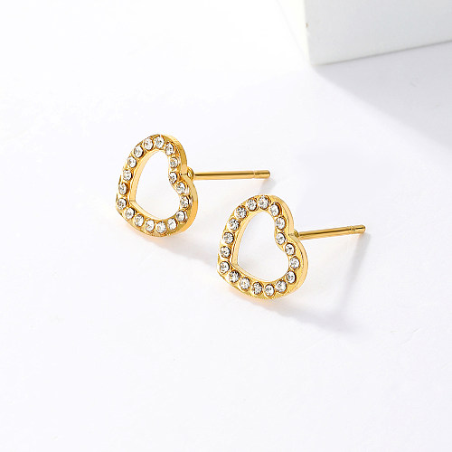 1 Pair Sweet Simple Style Heart Shape Stainless Steel  Plating Inlay Rhinestones 18K Gold Plated Ear Studs