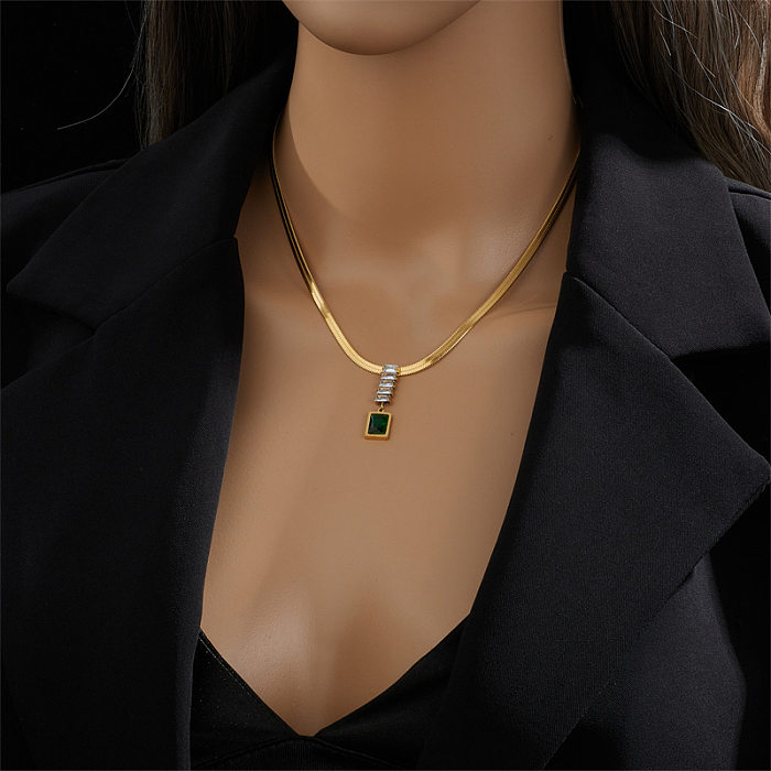 Modern Style Rectangle Stainless Steel Plating Inlay Artificial Rhinestones 18K Gold Plated Pendant Necklace