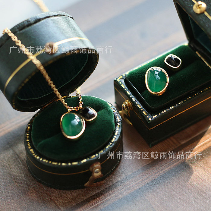 Retro Green Agate Irregular Pendant Stainless Steel Necklace Earring