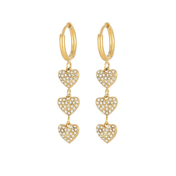 1 Pair Simple Style Heart Shape Plating Inlay Stainless Steel  Rhinestones White Gold Plated Gold Plated Drop Earrings