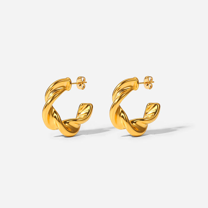 Fashion 18K Gold Plated Twisted C-Shaped Geometric Stainless Steel  Twisted Hoop Earrings