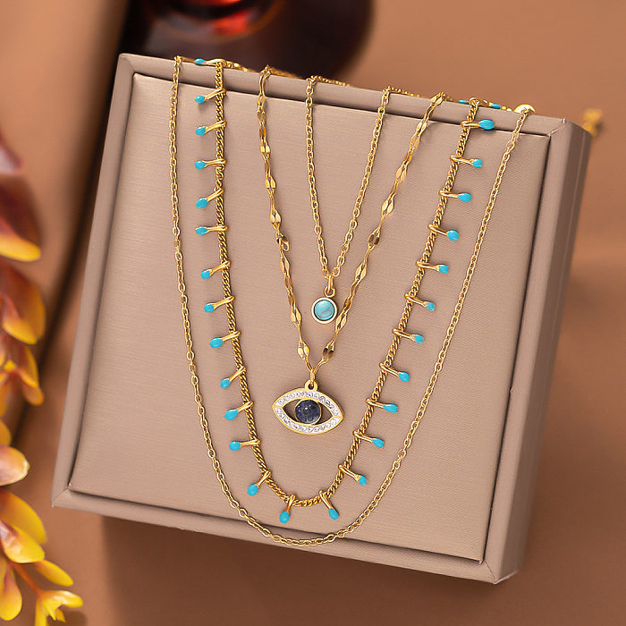 Elegant Retro Round Devil'S Eye Stainless Steel Inlay Turquoise Zircon Layered Necklaces