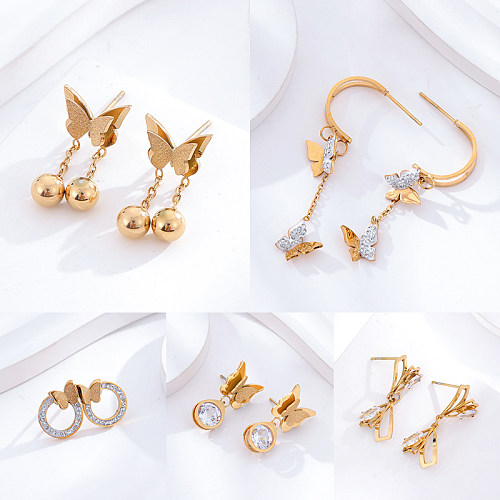 Boucles d'oreilles papillon rondes de Style classique pour femmes, 1 paire, incrustation de placage en acier inoxydable, Zircon plaqué or 24K