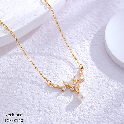 Collar chapado en oro con astas de nudo de lazo de estilo Simple romántico con incrustaciones de perlas artificiales y diamantes de imitación