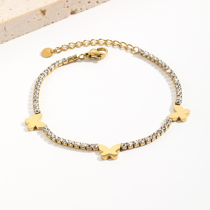 Elegant Shiny Butterfly Stainless Steel Plating Inlay Rhinestones 14K Gold Plated Bracelets