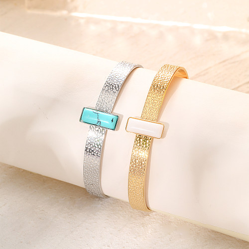 Fashion Square Stainless Steel Inlay Natural Stone Bangle