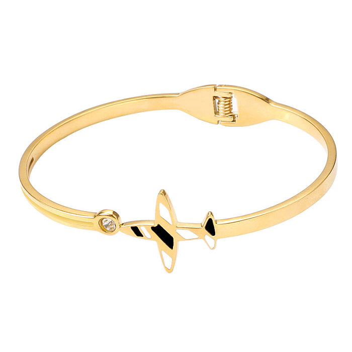 Simple Style Airplane Stainless Steel Enamel Plating Inlay Zircon 18K Gold Plated Bangle