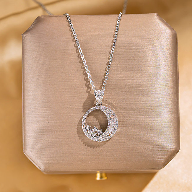 Simple Style Star Moon Stainless Steel Rhinestones Pendant Necklace In Bulk