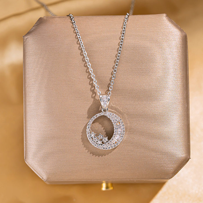 Simple Style Star Moon Stainless Steel Rhinestones Pendant Necklace In Bulk