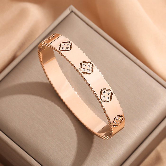 Wholesale Simple Style Classic Style Four Leaf Clover Star Stainless Steel Plating Inlay 18K Gold Plated Zircon Bangle