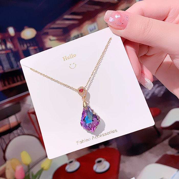 IG Style Shiny Water Droplets Stainless Steel Plating Inlay Crystal Pendant Necklace