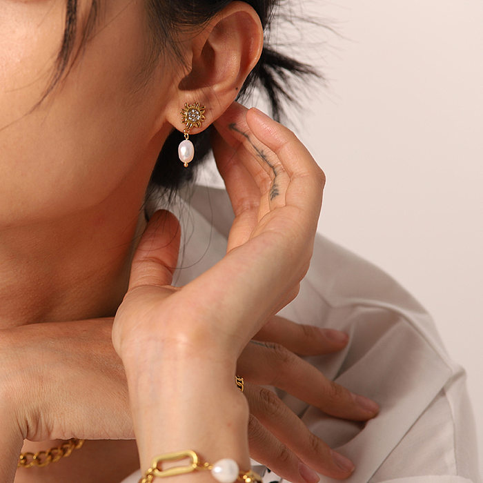 Pendientes geométricos elegantes de acero inoxidable con incrustaciones de perlas y circonitas, 1 par