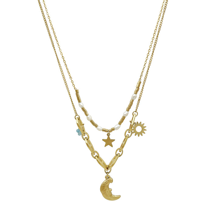 Casual Commute Sun Star Moon Stainless Steel  Polishing Pearl Plating Gold Plated Layered Necklaces
