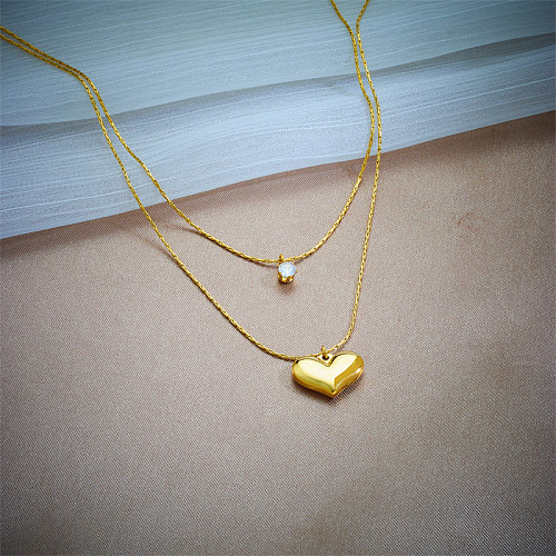 Einfache Herzform-Edelstahl-Halsketten mit vergoldeten Strasssteinen, 1 Stück