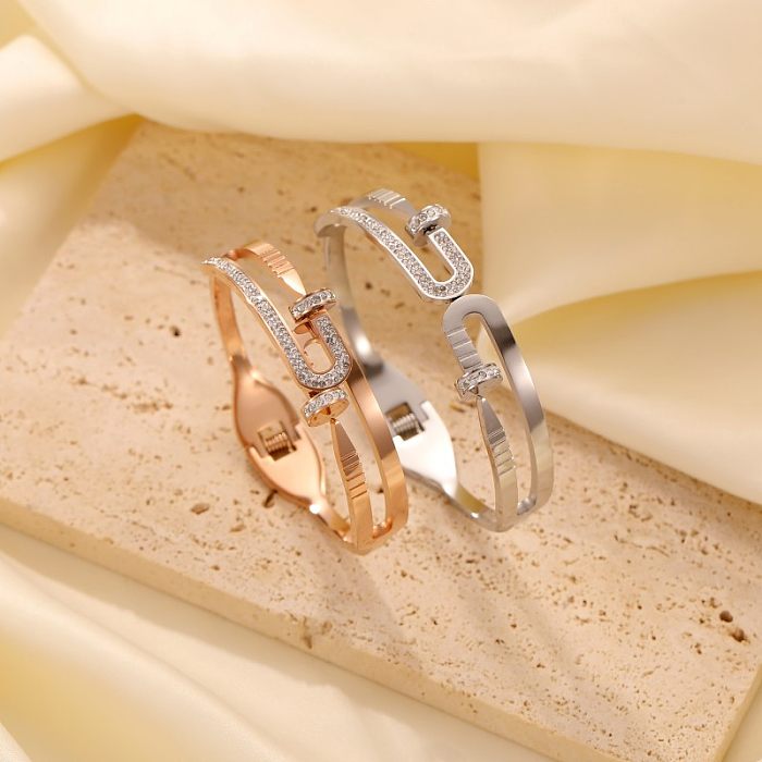 Commute Solid Color Stainless Steel Polishing Plating Inlay Zircon Rose Gold Plated Bangle