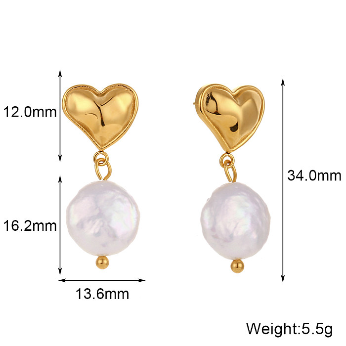 1 paire de boucles d'oreilles pendantes en forme de cœur, Style français, en acier inoxydable, plaqué or 18 carats, perles d'eau douce